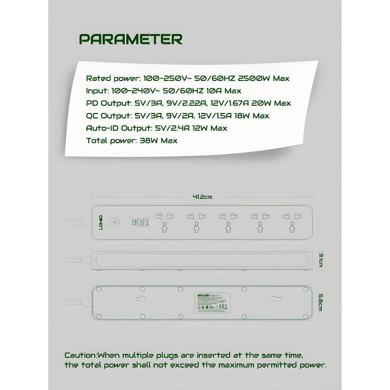 Multi-Socket Extension With 5 AC Outlets And 3 USB Ports